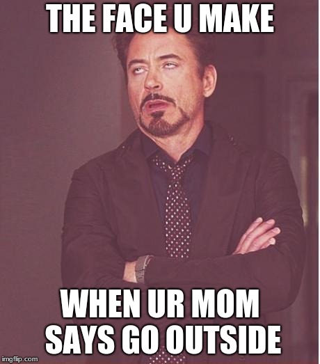 Face You Make Robert Downey Jr | THE FACE U MAKE; WHEN UR MOM SAYS GO OUTSIDE | image tagged in memes,face you make robert downey jr | made w/ Imgflip meme maker