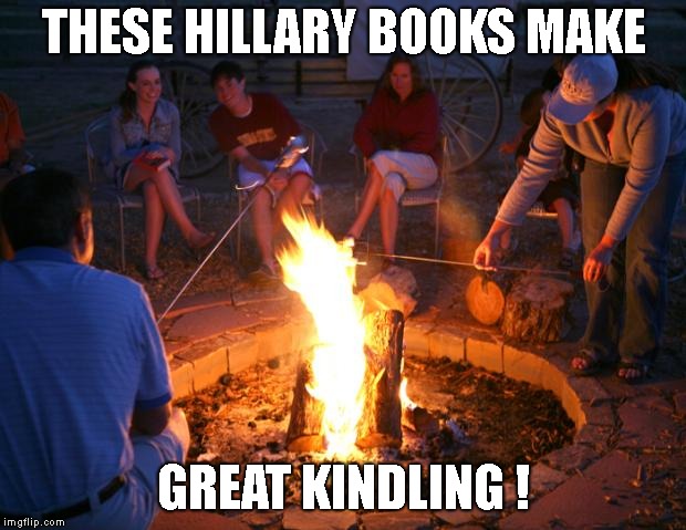 campfire | THESE HILLARY BOOKS MAKE GREAT KINDLING ! | image tagged in campfire | made w/ Imgflip meme maker