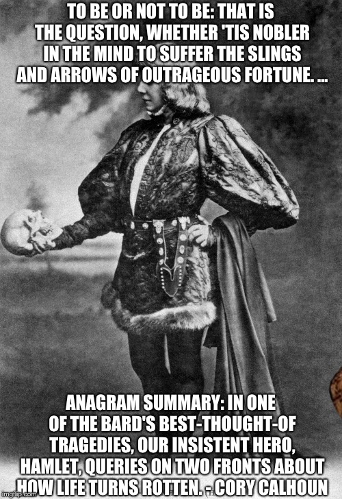 TO BE OR NOT TO BE: THAT IS THE QUESTION, WHETHER 'TIS NOBLER IN THE MIND TO SUFFER THE SLINGS AND ARROWS OF OUTRAGEOUS FORTUNE. ... ANAGRAM SUMMARY: IN ONE OF THE BARD'S BEST-THOUGHT-OF TRAGEDIES, OUR INSISTENT HERO, HAMLET, QUERIES ON TWO FRONTS ABOUT HOW LIFE TURNS ROTTEN. - CORY CALHOUN | image tagged in scumbag | made w/ Imgflip meme maker