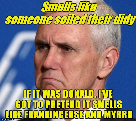Mike Pence | Smells like someone soiled their didy; IF IT WAS DONALD, I'VE GOT TO PRETEND IT SMELLS LIKE FRANKINCENSE AND MYRRH | image tagged in mike pence | made w/ Imgflip meme maker