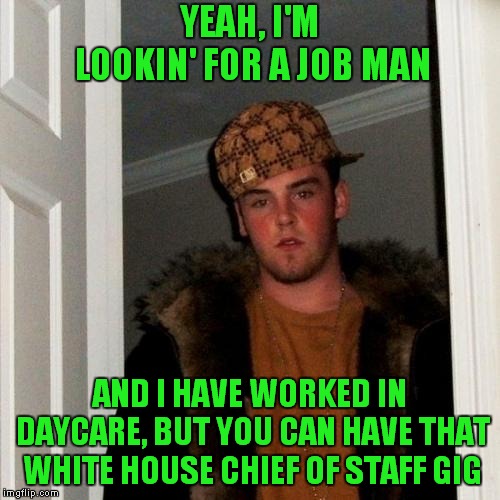 And Then There Were 9.. | YEAH, I'M LOOKIN' FOR A JOB MAN; AND I HAVE WORKED IN DAYCARE, BUT YOU CAN HAVE THAT WHITE HOUSE CHIEF OF STAFF GIG | image tagged in memes,scumbag steve | made w/ Imgflip meme maker