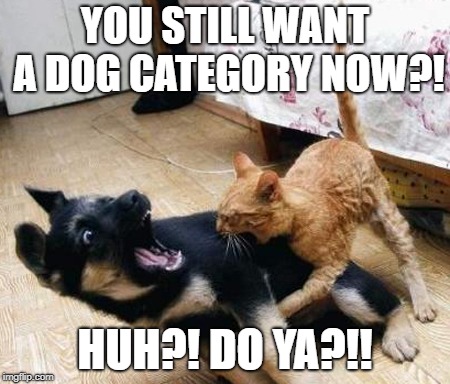 dog cat fight | YOU STILL WANT A DOG CATEGORY NOW?! HUH?! DO YA?!! | image tagged in dog cat fight | made w/ Imgflip meme maker