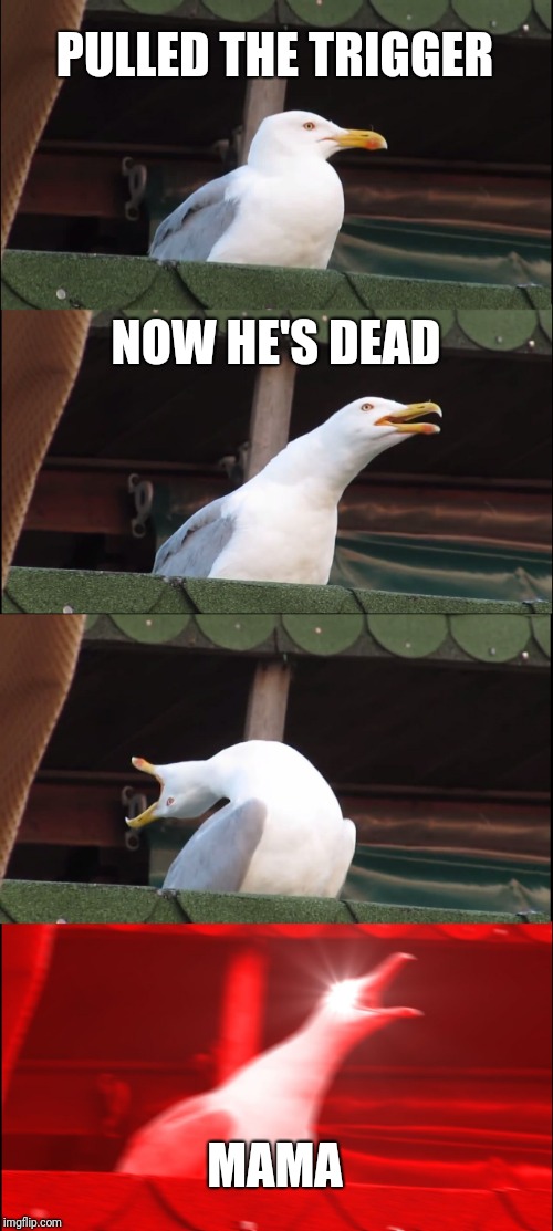 Inhaling Seagull | PULLED THE TRIGGER; NOW HE'S DEAD; MAMA | image tagged in memes,inhaling seagull | made w/ Imgflip meme maker