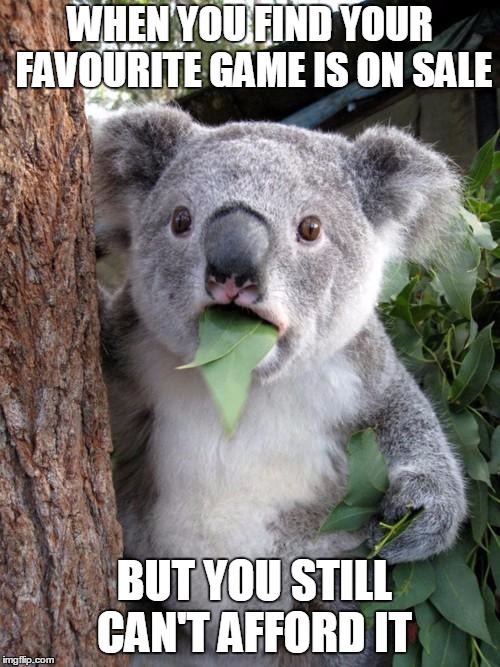 Surprised Koala | WHEN YOU FIND YOUR FAVOURITE GAME IS ON SALE; BUT YOU STILL CAN'T AFFORD IT | image tagged in memes,surprised koala | made w/ Imgflip meme maker