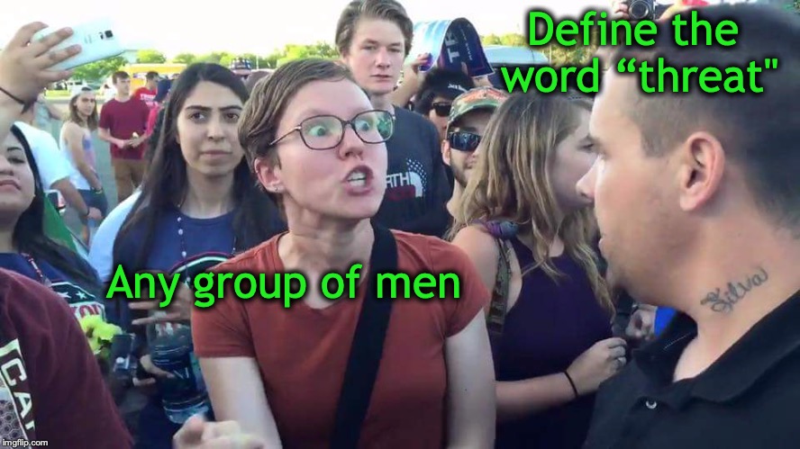 Triggered Feminazi | Define the word “threat"; Any group of men | image tagged in triggered feminazi,threat,political meme,language | made w/ Imgflip meme maker