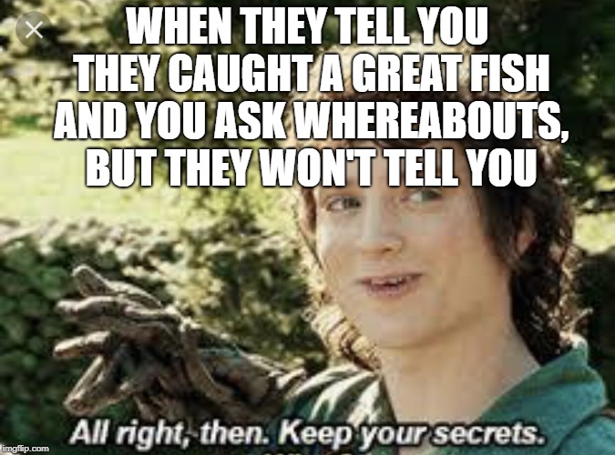A fishy tale... | WHEN THEY TELL YOU THEY CAUGHT A GREAT FISH AND YOU ASK WHEREABOUTS, BUT THEY WON'T TELL YOU | image tagged in all right then keep your secrets,gone fishing,fishing | made w/ Imgflip meme maker