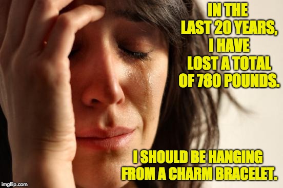 First World Problems Meme | IN THE LAST 20 YEARS, I HAVE LOST A TOTAL OF 780 POUNDS. I SHOULD BE HANGING FROM A CHARM BRACELET. | image tagged in memes,first world problems | made w/ Imgflip meme maker