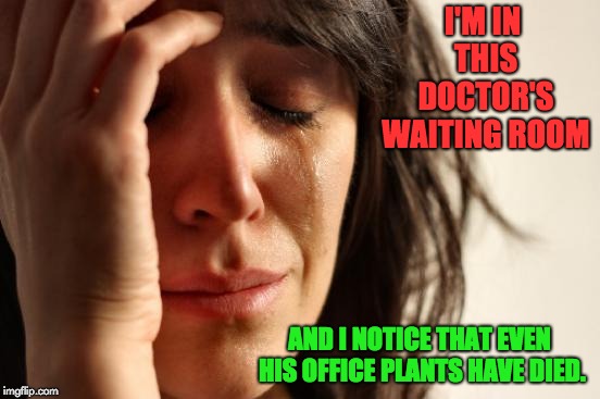 First World Problems Meme | I'M IN THIS DOCTOR'S WAITING ROOM; AND I NOTICE THAT EVEN HIS OFFICE PLANTS HAVE DIED. | image tagged in memes,first world problems | made w/ Imgflip meme maker