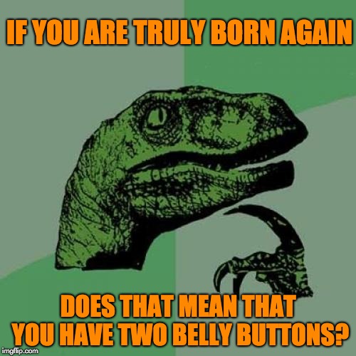 Philosoraptor | IF YOU ARE TRULY BORN AGAIN; DOES THAT MEAN THAT YOU HAVE TWO BELLY BUTTONS? | image tagged in memes,philosoraptor | made w/ Imgflip meme maker