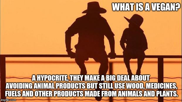 Cowboy wisdom, what is a vegan? | WHAT IS A VEGAN? A HYPOCRITE, THEY MAKE A BIG DEAL ABOUT AVOIDING ANIMAL PRODUCTS BUT STILL USE WOOD, MEDICINES, FUELS AND OTHER PRODUCTS MADE FROM ANIMALS AND PLANTS. | image tagged in cowboy father and son,vegan,hypocrite,eat meat,animals taste good | made w/ Imgflip meme maker