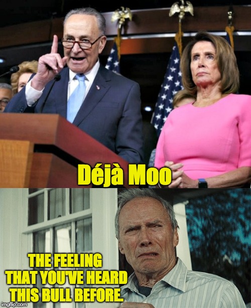Déjà Moo; THE FEELING THAT YOU'VE HEARD THIS BULL BEFORE. | image tagged in clint eastwood wtf,pelosi schumer | made w/ Imgflip meme maker