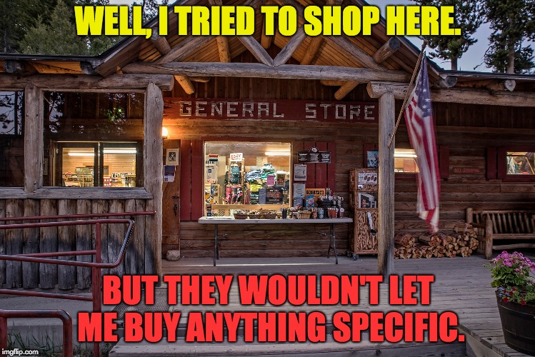 It's a General store. | WELL, I TRIED TO SHOP HERE. BUT THEY WOULDN'T LET ME BUY ANYTHING SPECIFIC. | image tagged in pun | made w/ Imgflip meme maker