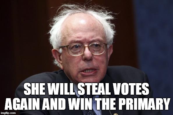 Bernie Sanders | SHE WILL STEAL VOTES AGAIN AND WIN THE PRIMARY | image tagged in bernie sanders | made w/ Imgflip meme maker