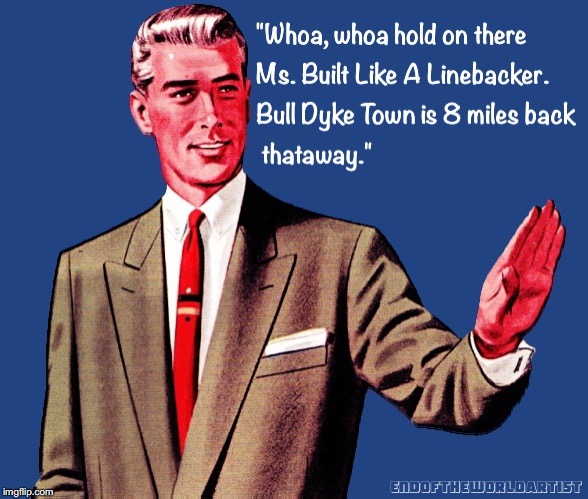 Bull Dyke Town | image tagged in lesbians,smartass,retro,talk to the hand,whoa,hold on | made w/ Imgflip meme maker