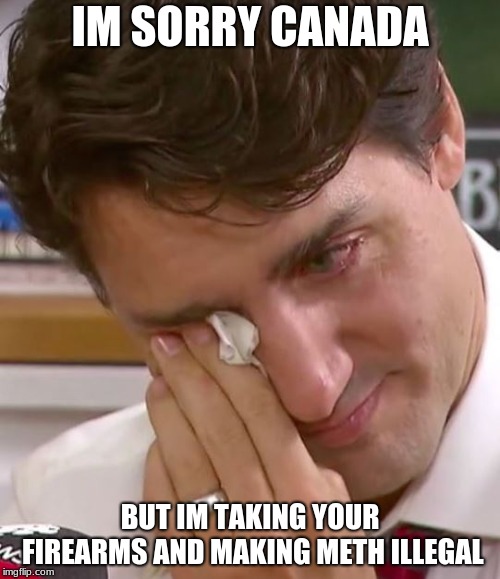 Justin Trudeau Crying | IM SORRY CANADA; BUT IM TAKING YOUR FIREARMS AND MAKING METH ILLEGAL | image tagged in justin trudeau crying | made w/ Imgflip meme maker