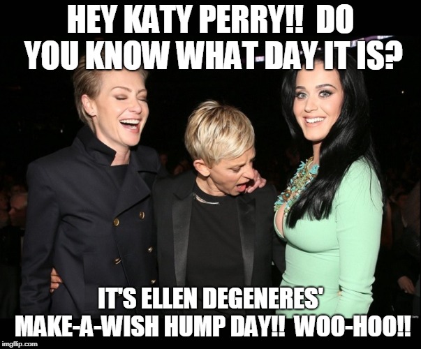HEY KATY PERRY!!  DO YOU KNOW WHAT DAY IT IS? IT'S ELLEN DEGENERES' MAKE-A-WISH HUMP DAY!!  WOO-HOO!! | image tagged in katy_ellen_hump_day_make_a_wish | made w/ Imgflip meme maker