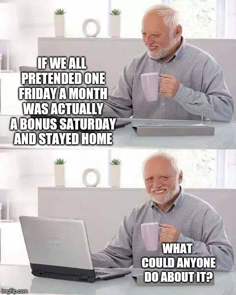 We Can Work Together For That To Happen Can't We?  Lol.  | IF WE ALL PRETENDED ONE FRIDAY A MONTH WAS ACTUALLY A BONUS SATURDAY AND STAYED HOME; WHAT COULD ANYONE DO ABOUT IT? | image tagged in memes,hide the pain harold,tired,sleepy,meme,exhausted | made w/ Imgflip meme maker