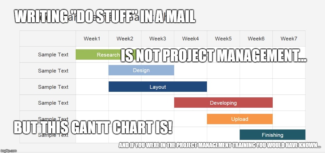 Gantt chart | WRITING "DO STUFF" IN A MAIL; IS NOT PROJECT MANAGEMENT... BUT THIS GANTT CHART IS! AND IF YOU WERE IN THE PROJECT MANAGEMENT TRAINING YOU WOULD HAVE KNOWN... | image tagged in project manager,project | made w/ Imgflip meme maker