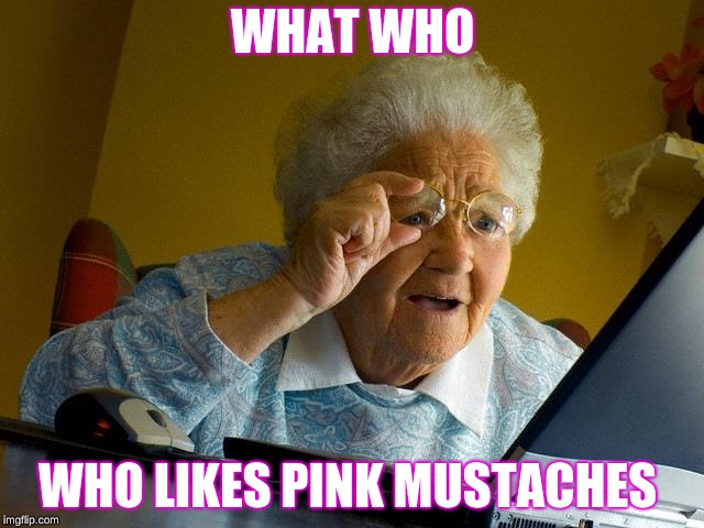 Grandma Finds The Internet | WHAT WHO; WHO LIKES PINK MUSTACHES | image tagged in memes,grandma finds the internet | made w/ Imgflip meme maker