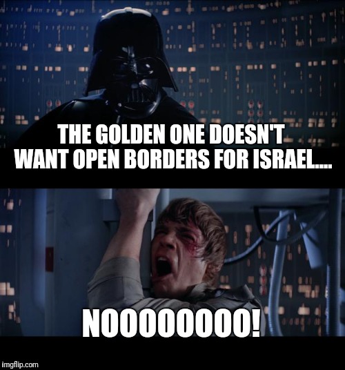 Star Wars No Meme | THE GOLDEN ONE DOESN'T WANT OPEN BORDERS FOR ISRAEL.... NOOOOOOOO! | image tagged in memes,star wars no | made w/ Imgflip meme maker