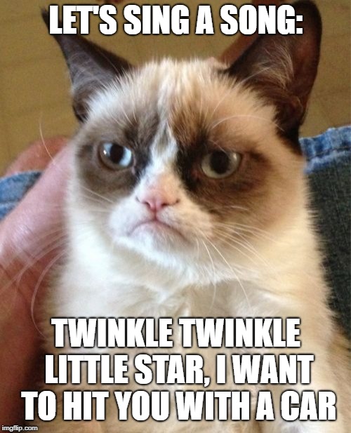 Grumpy Cat Meme | LET'S SING A SONG:; TWINKLE TWINKLE LITTLE STAR, I WANT TO HIT YOU WITH A CAR | image tagged in memes,grumpy cat | made w/ Imgflip meme maker