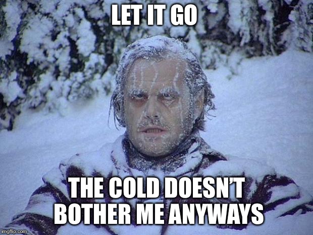 Jack Nicholson The Shining Snow | LET IT GO; THE COLD DOESN’T BOTHER ME ANYWAYS | image tagged in memes,jack nicholson the shining snow | made w/ Imgflip meme maker