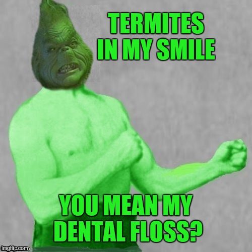 Thanks to DashHopes for helping me with the template :) How The Grinch Stole Christmas Week Dec 9th - Dec 14th (A 44colt event) | TERMITES IN MY SMILE; YOU MEAN MY DENTAL FLOSS? | image tagged in memes,overly manly man,funny,how the grinch stole christmas week,dashhopes,44colt | made w/ Imgflip meme maker
