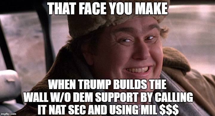 john candy happy | THAT FACE YOU MAKE; WHEN TRUMP BUILDS THE WALL W/O DEM SUPPORT BY CALLING IT NAT SEC AND USING MIL $$$ | image tagged in john candy happy | made w/ Imgflip meme maker