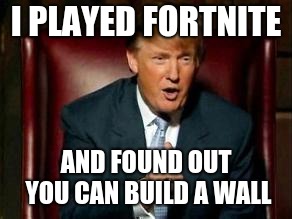 Donald Trump | I PLAYED FORTNITE; AND FOUND OUT YOU CAN BUILD A WALL | image tagged in donald trump | made w/ Imgflip meme maker