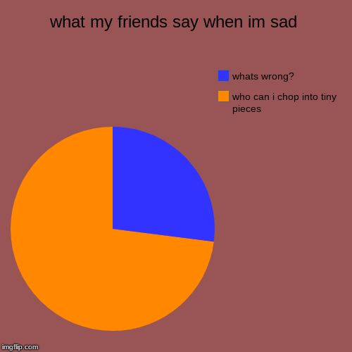 what my friends say when im sad | who can i chop into tiny pieces, whats wrong? | image tagged in funny,pie charts | made w/ Imgflip chart maker