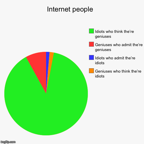 Internet people  | Geniuses who think the’re idiots, Idiots who admit the’re idiots , Geniuses who admit the’re geniuses , Idiots who think  | image tagged in funny,pie charts | made w/ Imgflip chart maker