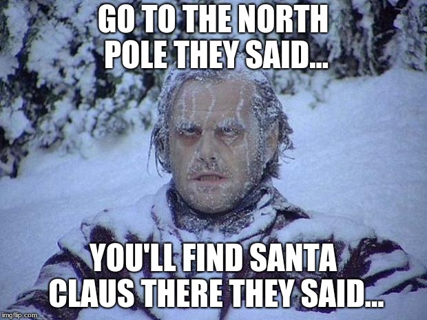 Jack Nicholson The Shining Snow Meme | GO TO THE NORTH POLE THEY SAID... YOU'LL FIND SANTA CLAUS THERE THEY SAID... | image tagged in memes,jack nicholson the shining snow | made w/ Imgflip meme maker