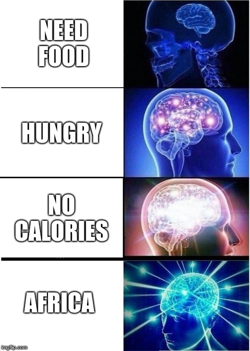 Expanding Brain | NEED FOOD; HUNGRY; NO CALORIES; AFRICA | image tagged in memes,expanding brain | made w/ Imgflip meme maker