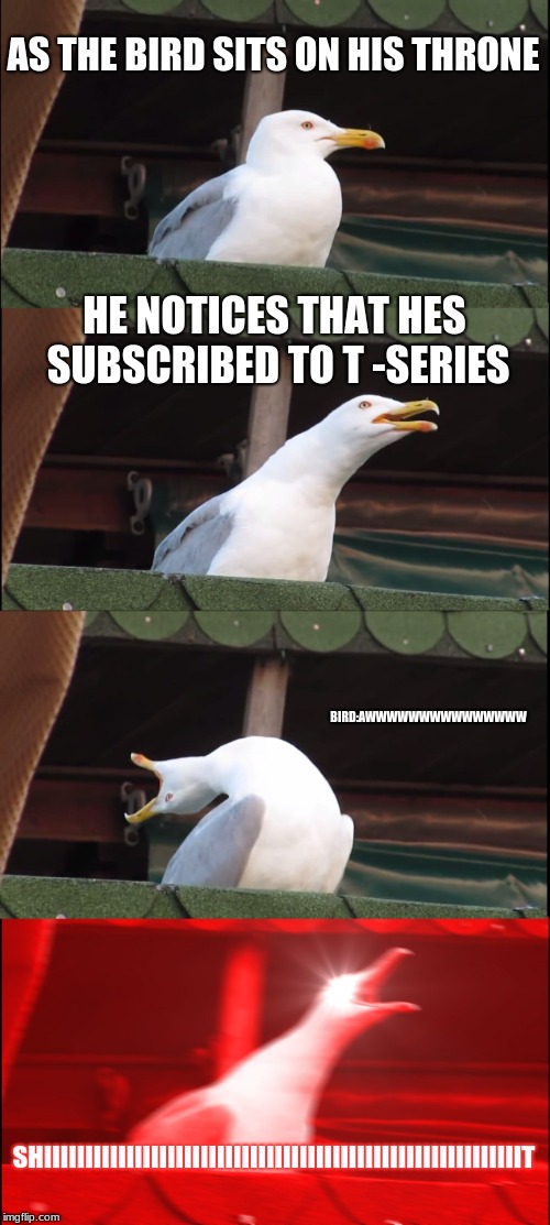 Inhaling Seagull | AS THE BIRD SITS ON HIS THRONE; HE NOTICES THAT HES SUBSCRIBED TO T -SERIES; BIRD:AWWWWWWWWWWWWWWW; SHIIIIIIIIIIIIIIIIIIIIIIIIIIIIIIIIIIIIIIIIIIIIIIIIIIIIIIIIIIT | image tagged in memes,inhaling seagull | made w/ Imgflip meme maker