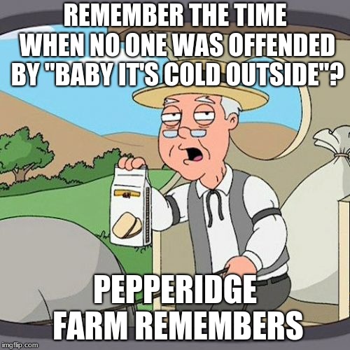 Pepperidge Farm Remembers | REMEMBER THE TIME WHEN NO ONE WAS OFFENDED BY "BABY IT'S COLD OUTSIDE"? PEPPERIDGE FARM REMEMBERS | image tagged in memes,pepperidge farm remembers | made w/ Imgflip meme maker