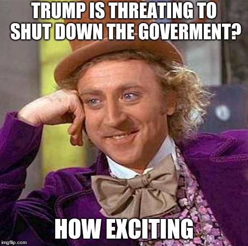 Creepy Condescending Wonka | TRUMP IS THREATING TO SHUT DOWN THE GOVERMENT? HOW EXCITING | image tagged in memes,creepy condescending wonka | made w/ Imgflip meme maker