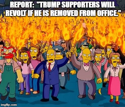 Lynch Mob |  REPORT:  "TRUMP SUPPORTERS WILL REVOLT IF HE IS REMOVED FROM OFFICE." | image tagged in lynch mob | made w/ Imgflip meme maker