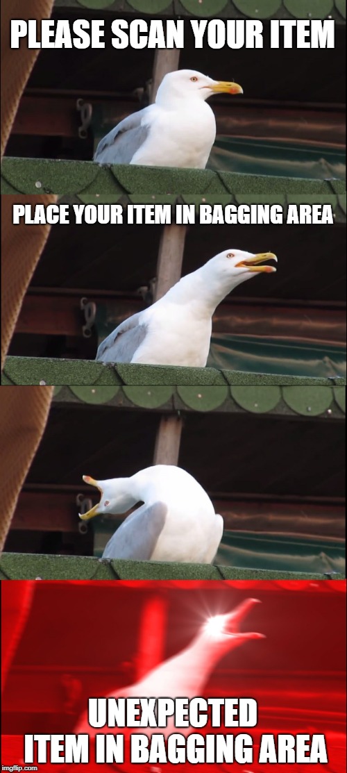 Inhaling Seagull | PLEASE SCAN YOUR ITEM; PLACE YOUR ITEM IN BAGGING AREA; UNEXPECTED ITEM IN BAGGING AREA | image tagged in memes,inhaling seagull | made w/ Imgflip meme maker