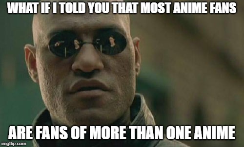 Matrix Morpheus Meme | WHAT IF I TOLD YOU THAT MOST ANIME FANS ARE FANS OF MORE THAN ONE ANIME | image tagged in memes,matrix morpheus | made w/ Imgflip meme maker