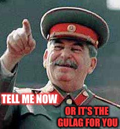 Stalin says | TELL ME NOW OR IT’S THE GULAG FOR YOU | image tagged in stalin says | made w/ Imgflip meme maker