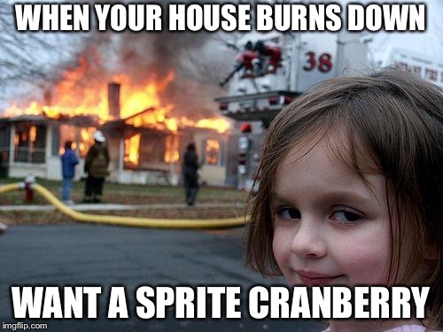 Disaster Girl | WHEN YOUR HOUSE BURNS DOWN; WANT A SPRITE CRANBERRY | image tagged in memes,disaster girl | made w/ Imgflip meme maker