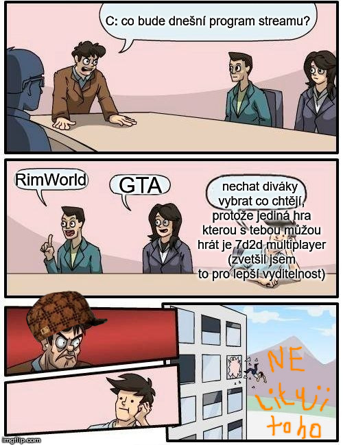 Boardroom Meeting Suggestion Meme | C: co bude dnešní program streamu? nechat diváky vybrat co chtějí, protože jediná hra kterou s tebou můžou hrát je 7d2d multiplayer (zvetšil jsem to pro lepší vyditelnost); RimWorld; GTA | image tagged in memes,boardroom meeting suggestion,scumbag | made w/ Imgflip meme maker