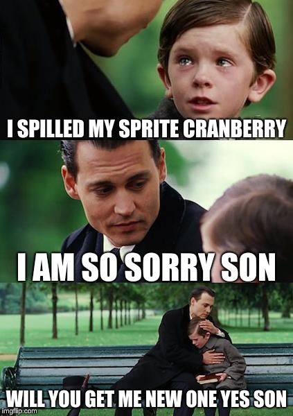 Finding Neverland Meme | I SPILLED MY SPRITE CRANBERRY; I AM SO SORRY SON; WILL YOU GET ME NEW ONE YES SON | image tagged in memes,finding neverland | made w/ Imgflip meme maker