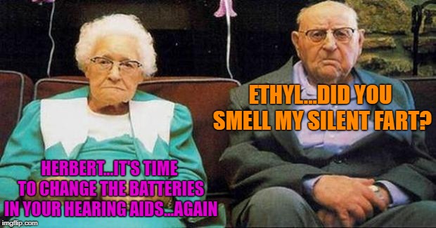 Excited old people |  ETHYL...DID YOU SMELL MY SILENT FART? HERBERT...IT'S TIME TO CHANGE THE BATTERIES IN YOUR HEARING AIDS...AGAIN | image tagged in excited old people | made w/ Imgflip meme maker