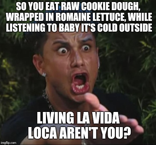 situation | SO YOU EAT RAW COOKIE DOUGH, WRAPPED IN ROMAINE LETTUCE, WHILE LISTENING TO BABY IT'S COLD OUTSIDE; LIVING LA VIDA LOCA AREN'T YOU? | image tagged in situation | made w/ Imgflip meme maker