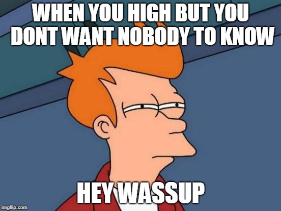 Futurama Fry | WHEN YOU HIGH BUT YOU DONT WANT NOBODY TO KNOW; HEY WASSUP | image tagged in memes,futurama fry | made w/ Imgflip meme maker