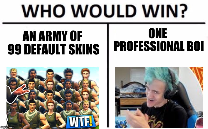 Who Would Win? Meme | ONE PROFESSIONAL BOI; AN ARMY OF 99 DEFAULT SKINS | image tagged in memes,who would win | made w/ Imgflip meme maker