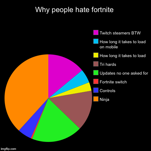 Why people hate fortnite | Ninja, Controls, Fortnite switch, Updates no one asked for, Tri hards, How long it takes to load, How long it tak | image tagged in funny,pie charts | made w/ Imgflip chart maker