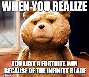 TED Meme | WHEN YOU REALIZE; YOU LOST A FORTNITE WIN BECAUSE OF THE INFINITY BLADE | image tagged in memes,ted | made w/ Imgflip meme maker