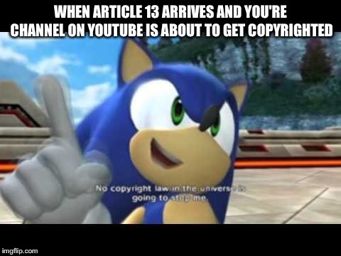 Sonic copyright | WHEN ARTICLE 13 ARRIVES AND YOU'RE CHANNEL ON YOUTUBE IS ABOUT TO GET COPYRIGHTED | image tagged in sonic copyright | made w/ Imgflip meme maker